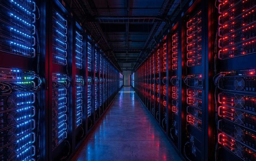 Close-up of an endless aisle of glowing blue and red server racks inside a dark, state-of-the-art data center. The perspective is slightly distorted to evoke a sense of infinite scale and mild unease. High contrast, cinematic lighting, ultra-realistic 8k resolution, tech thriller aesthetic.