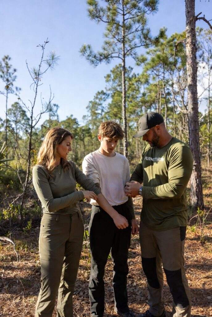 Photorealistic 8K image of a strong conservative American family (husband, wife, teenage son) in rural Florida checking for ticks after hiking, wearing long sleeves and pants, permethrin-treated gear visible, sunny woodland setting, empowering and prepared vibe, warm golden hour light, high detail.