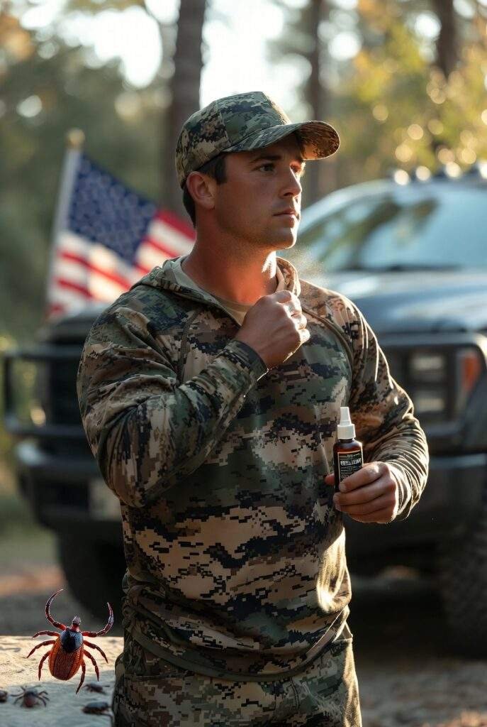 High-impact 8K realistic scene of a hunter in camouflage applying tick repellent in Florida woods at dawn, lone star ticks on ground nearby but repelled, American flag on truck in background, determined and self-reliant expression, cinematic conservative aesthetic.