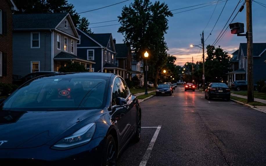 A photorealistic 8K cinematic wide shot of a dark American suburban street at dusk, a sleek modern sedan's dashboard glowing with a faint infrared eye-tracking camera icon visible through the windshield, while in the background a matte-black license plate reader camera mounted on a utility pole scans passing traffic with a subtle red sensor glow. Moody blue-and-amber lighting, shallow depth of field, low camera angle from street level, muted patriotic color palette of navy and steel gray with a single American flag softly lit in the distance, serious and vigilant mood, no visible faces, style: photorealistic documentary photography.