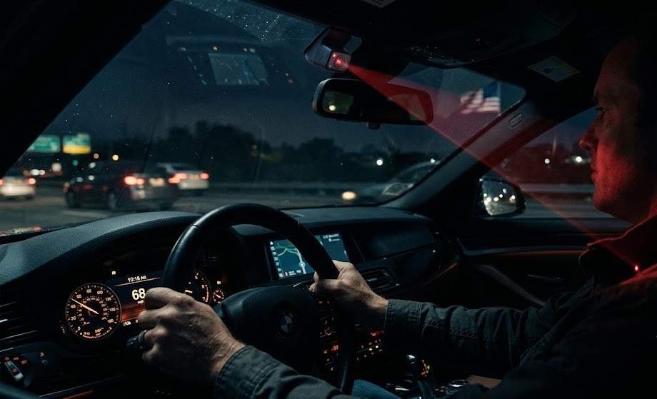 A photorealistic 8K close-up cinematic shot of a car's steering wheel and dashboard at night, illuminated by a small infrared camera lens embedded near the rearview mirror casting a faint red beam across the driver's silhouette, hands gripping the wheel just visible at the frame's edge, dramatic chiaroscuro lighting in deep navy and amber tones, shallow depth of field emphasizing the camera lens in sharp focus, conservative and serious documentary aesthetic, subtle American flag reflection in the windshield glass, style: photorealistic, high contrast, cinematic color grade.
