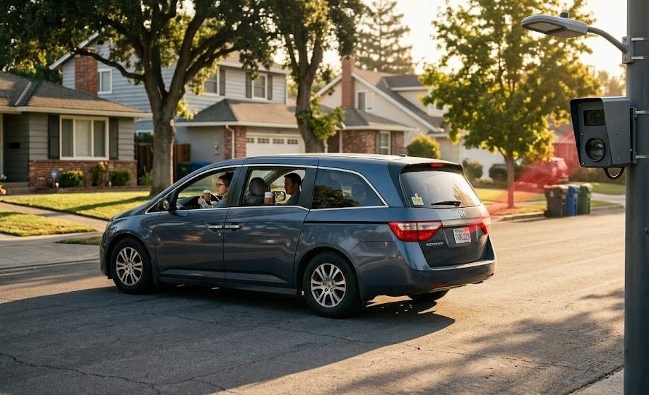A photorealistic 8K cinematic street-level shot of an ordinary American family in a minivan driving past a license plate reader camera mounted on a streetlight, morning golden-hour lighting casting long shadows across a quiet residential neighborhood, a subtle red scan-line effect emanating from the camera toward the vehicle's rear plate, warm nostalgic color grade contrasted with the cold technological presence of the camera, composition emphasizes the ordinary domestic scene against the surveillance apparatus, style: photorealistic documentary photography, high dynamic range, cinematic.