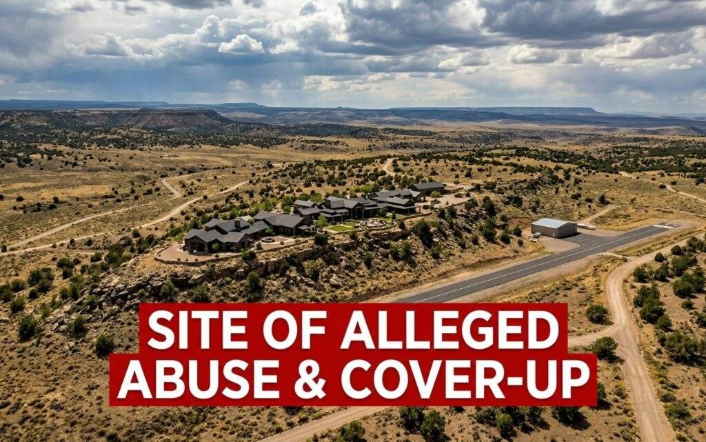 Aerial drone photo of vast high-desert Zorro Ranch (now San Rafael Ranch) near Stanley, New Mexico—showing the sprawling 30,000 sq ft mansion on a ridge, private airstrip, and surrounding 10,000 acres of rugged terrain under dramatic Southwest skies, red overlay text “Site of Alleged Abuse & Cover-Up,” high-resolution news investigation style