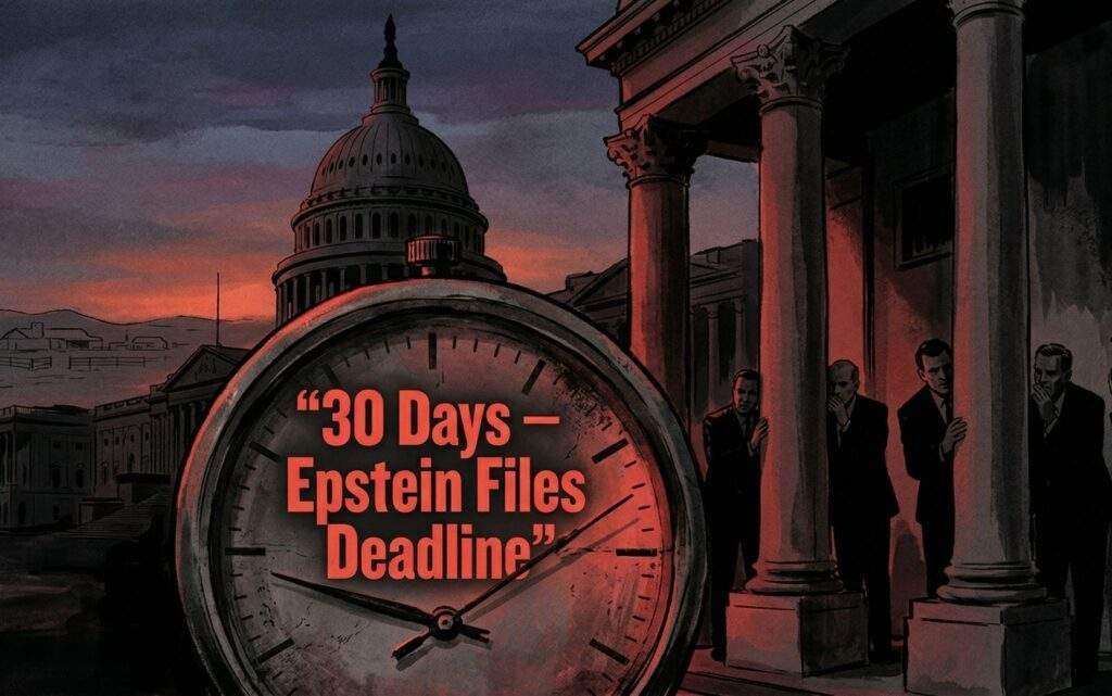 Dark, moody illustration of a large ticking countdown clock labeled “30 Days – Epstein Files Deadline” superimposed over the U.S. Capitol building at dusk with shadows of shadowy figures in suits hiding behind pillars and faint outline of a desert ranch in the background, dramatic red and black color scheme, thought-provoking political editorial art style