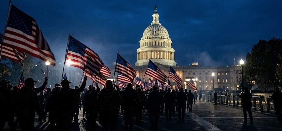 A wide cinematic shot of the U.S. Capitol dome at dusk under a deep navy sky, foreground silhouettes of a crowd marching with American flags, dramatic rim lighting in bold red and white tones, shallow depth of field emphasizing scale and tension, photorealistic 8K, documentary photojournalism style, low camera angle looking up toward the dome, moody atmospheric haze, no visible faces or identifiable individuals, conservative broadcast news aesthetic
