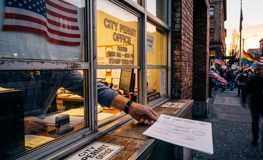 A dynamic street-level photorealistic scene of a city permit office window at golden hour, a hand sliding a stamped document across the counter, dramatic side lighting casting long shadows in navy and red hues, motion blur on a passing crowd in the background suggesting a protest just out of frame, cinematic composition with strong diagonal lines, 8K detail, subtle American flag reflection in the glass, conservative editorial photography style.