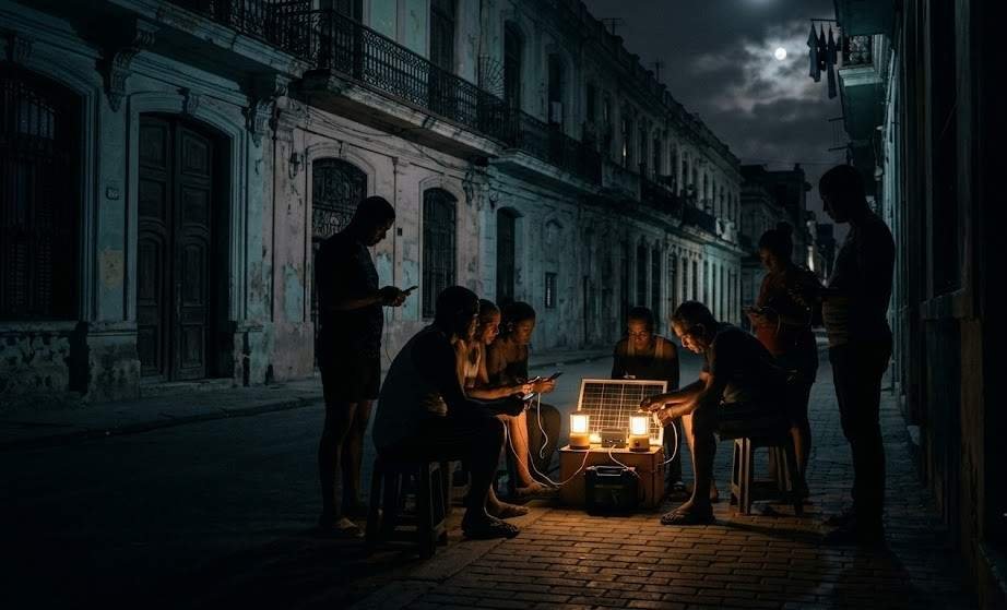A photorealistic nighttime street scene in Havana during a blackout, a single lit solar panel and battery charging station glowing warmly amid deep darkness, silhouetted residents gathered nearby, distant crumbling colonial architecture barely visible in moonlight, cinematic low-key lighting with deep navy shadows and a single warm amber light source, documentary photojournalism style, 8K, emotionally somber but not exploitative, wide establishing shot.