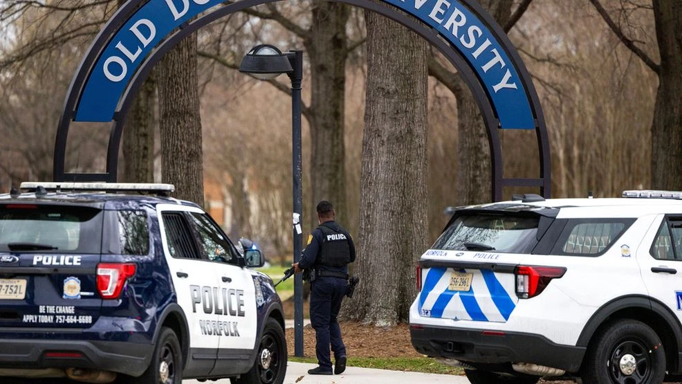 Image of Old Dominion University campus with police presence (stock university scene with overlay of shooting elements)