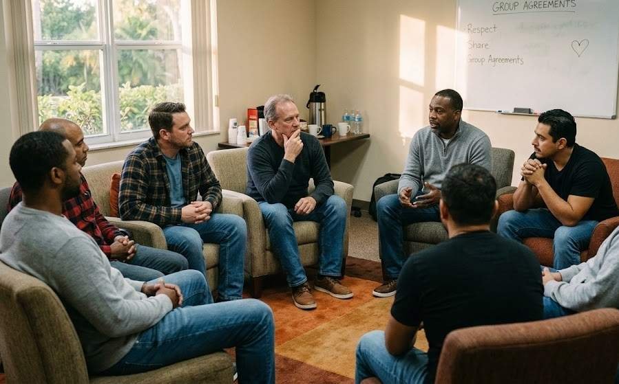 Support group setting designed for men's mental health peer connection