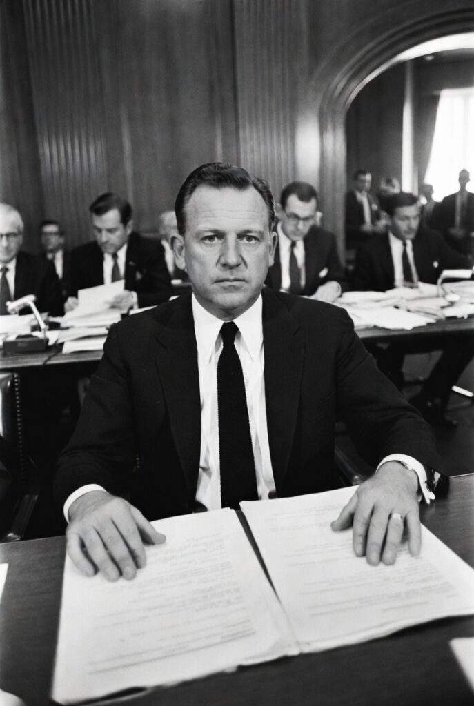 Senator Pell at hearing (conspiracy wrap): Image (or similar archival of Pell/Nixon era)