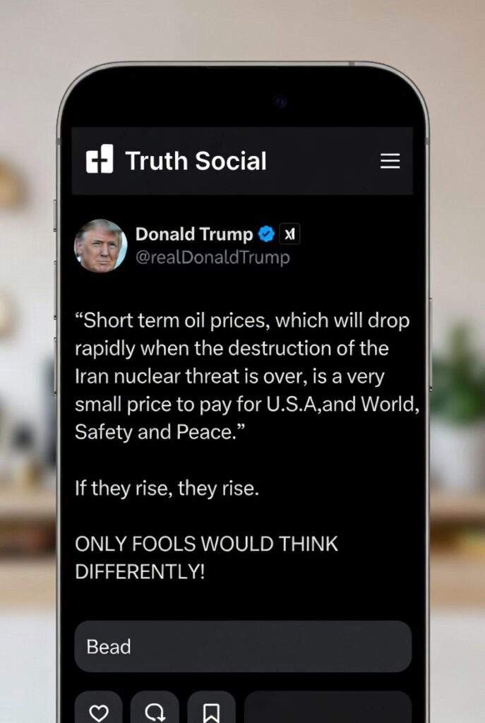 Trump Truth Social post Iran war gas prices 2026
