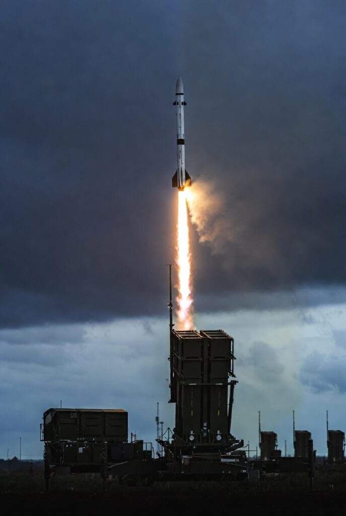 Patriot missile launcher firing or empty battery (dramatic defense system photo)