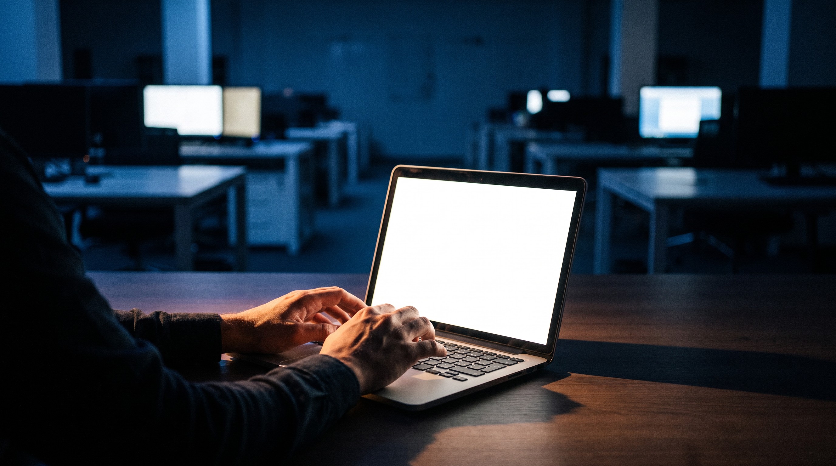 Hands stopped above a laptop keyboard in a darkened office, screen light casting long shadows across the desk