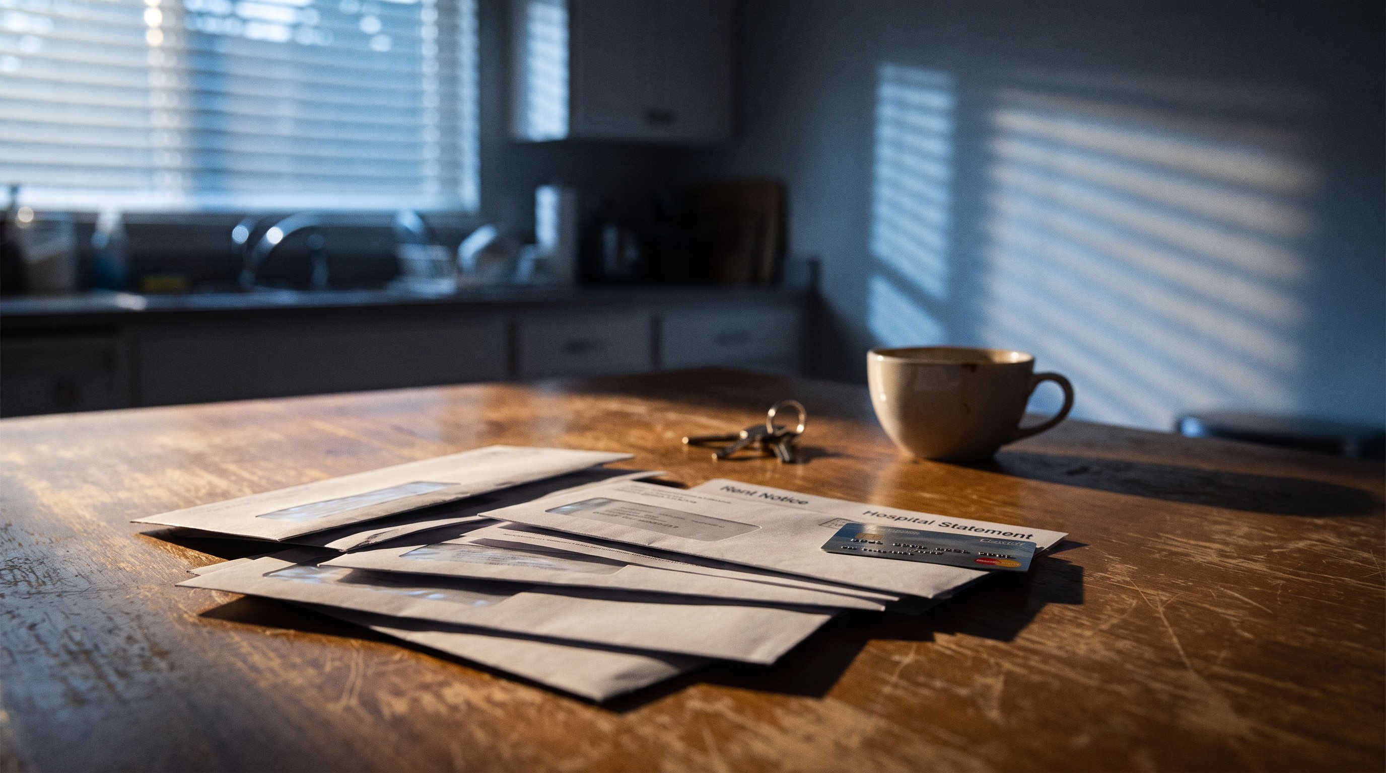 Unopened bills, a rent notice and a credit card on a kitchen table in hard raking dawn light